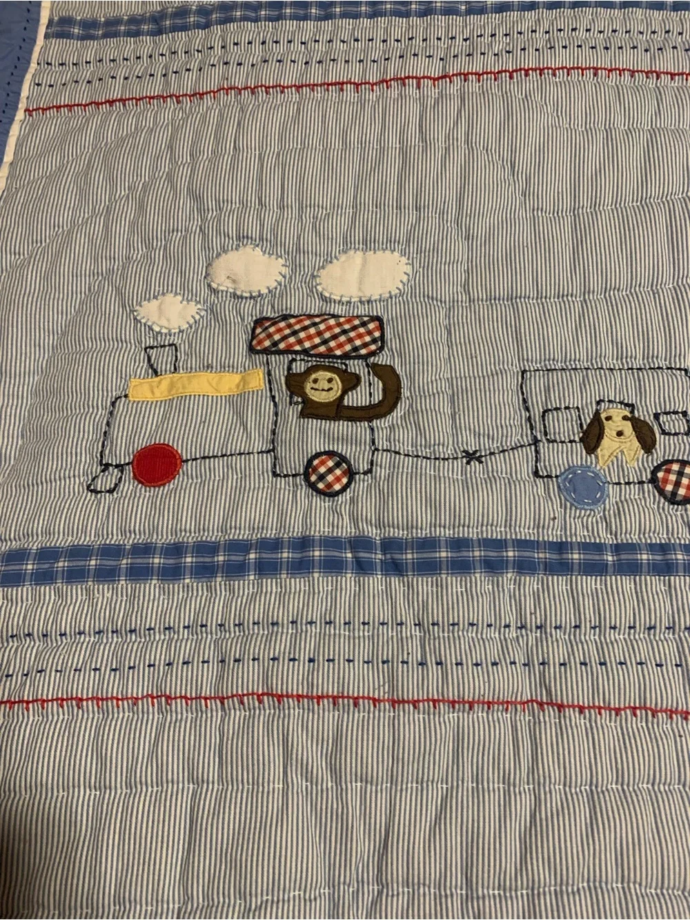 Pottery Barn Kids Toddler Quilt 36x50 Appliqué Trains Railroad Reverses Blue